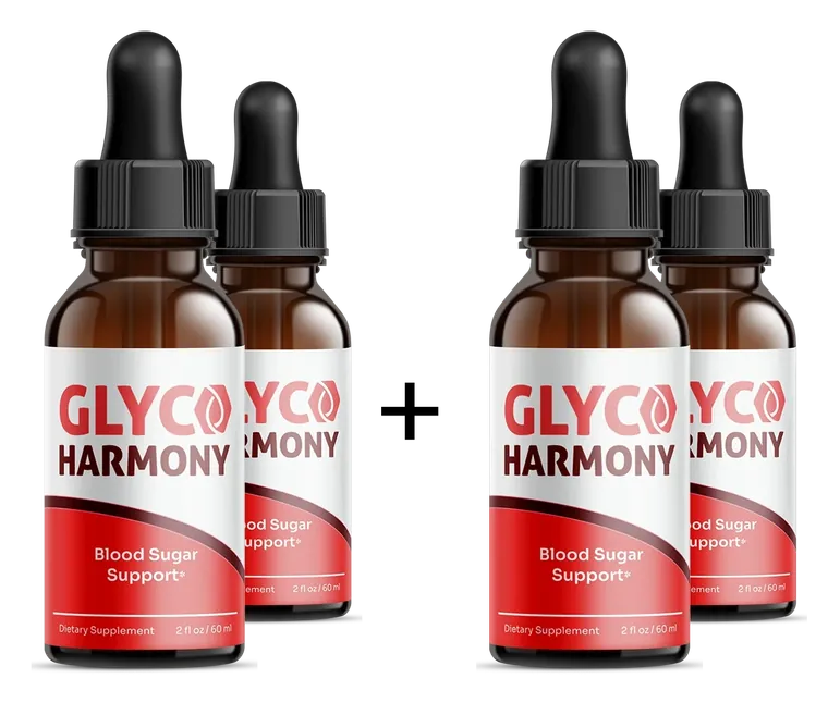 Two pairs of amber Glyco Harmony bottles joined by a plus sign, the brand's 'buy 2 get 2' picture