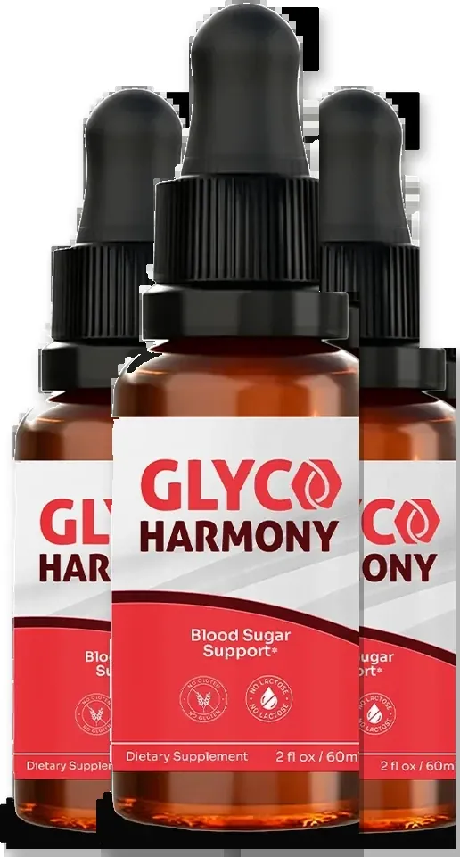 Three amber Glyco Harmony dropper bottles, front labels facing out