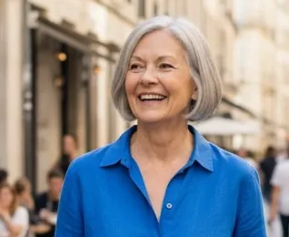 A smiling woman with grey hair in a blue shirt on a city street