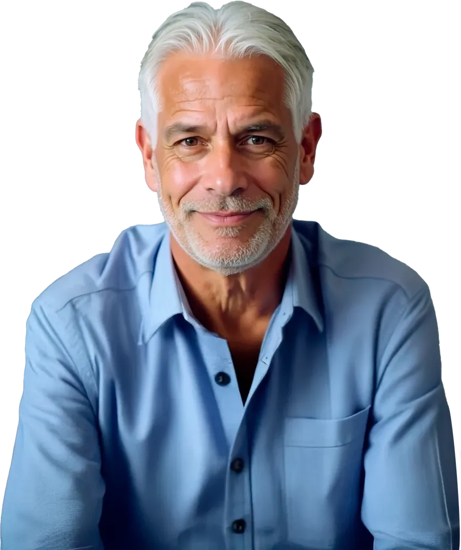 A grey-haired man in a blue shirt smiling at the camera