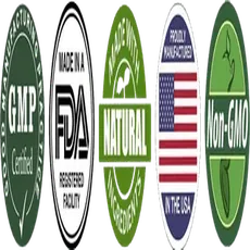 A strip of five badges: GMP certified, made in an FDA registered facility, natural, proudly manufactured in the USA, non-GMO