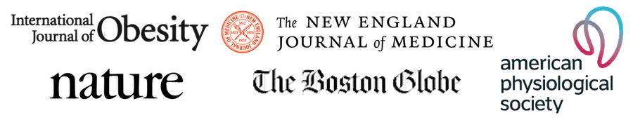 A strip of logos: International Journal of Obesity, The New England Journal of Medicine, nature, The Boston Globe, American Physiological Society