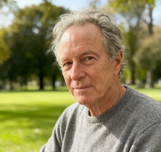 An older man in a grey sweater standing in a park