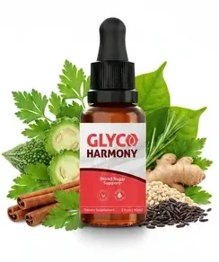 A Glyco Harmony bottle among herbs, ginger, cinnamon sticks, bitter melon and black seeds
