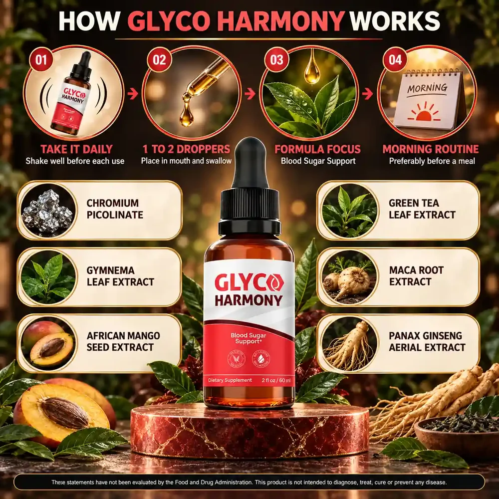 The brand poster 'How Glyco Harmony Works': four numbered steps above a bottle and six ingredient tiles