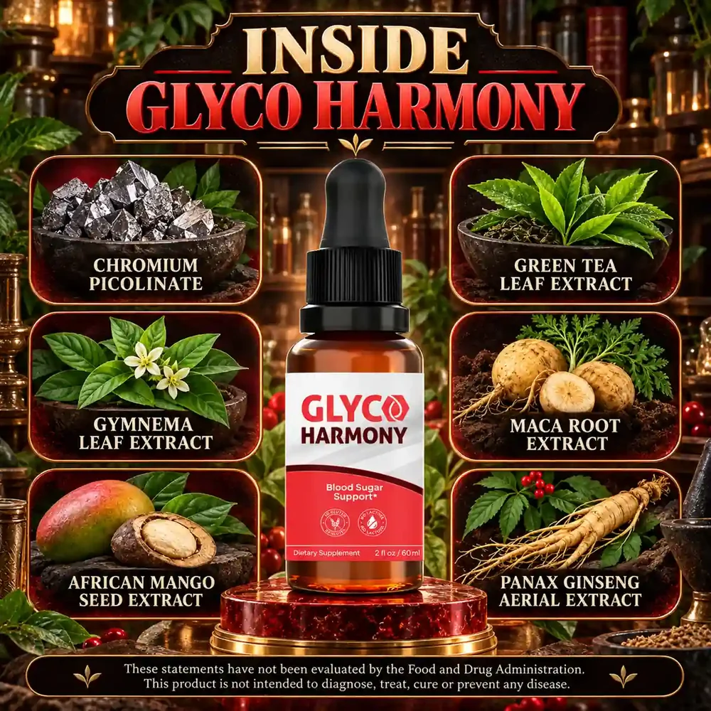 The 'Inside Glyco Harmony' brand poster: a Glyco Harmony bottle on a red stand between tiles for chromium picolinate, green tea, gymnema, maca, African mango and Panax ginseng