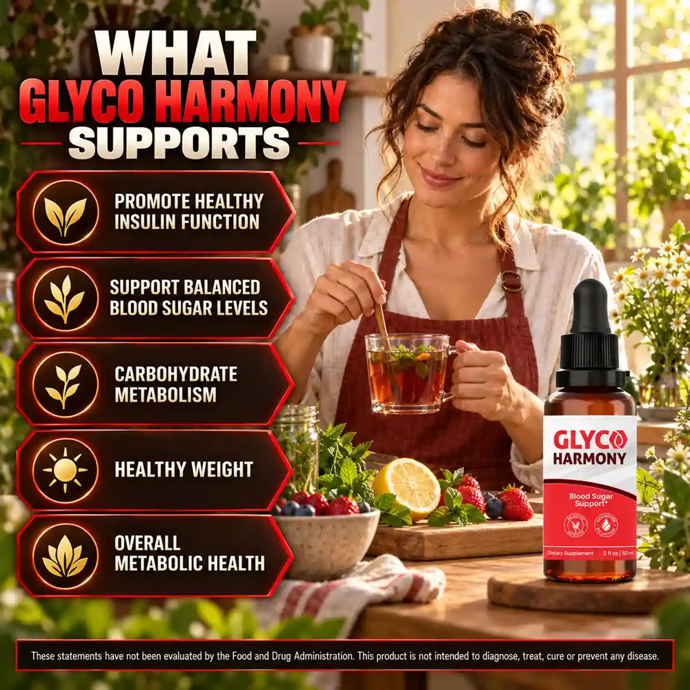 The brand poster 'What Glyco Harmony Supports': a woman pouring tea in a kitchen beside five coral claim badges and a bottle