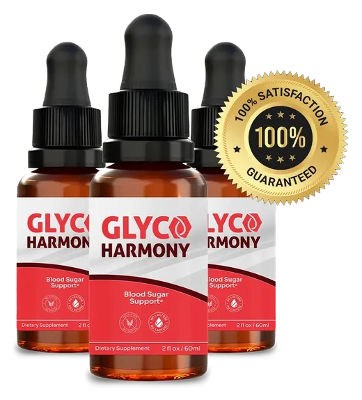 Three amber Glyco Harmony bottles beside a gold '100% satisfaction guaranteed' seal