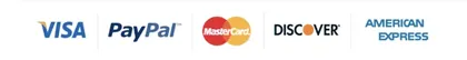Payment logos: Visa, PayPal, Mastercard, Discover and American Express