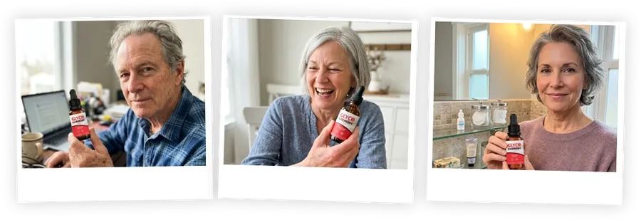Three instant photos of older adults each holding a Glyco Harmony bottle