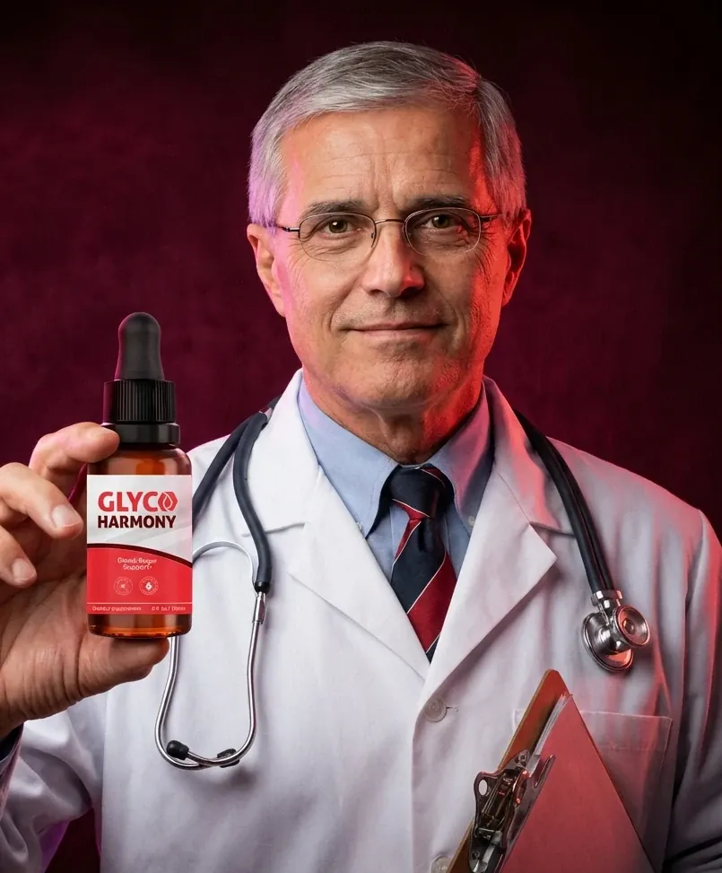 A man in a white coat with a stethoscope holding a Glyco Harmony bottle