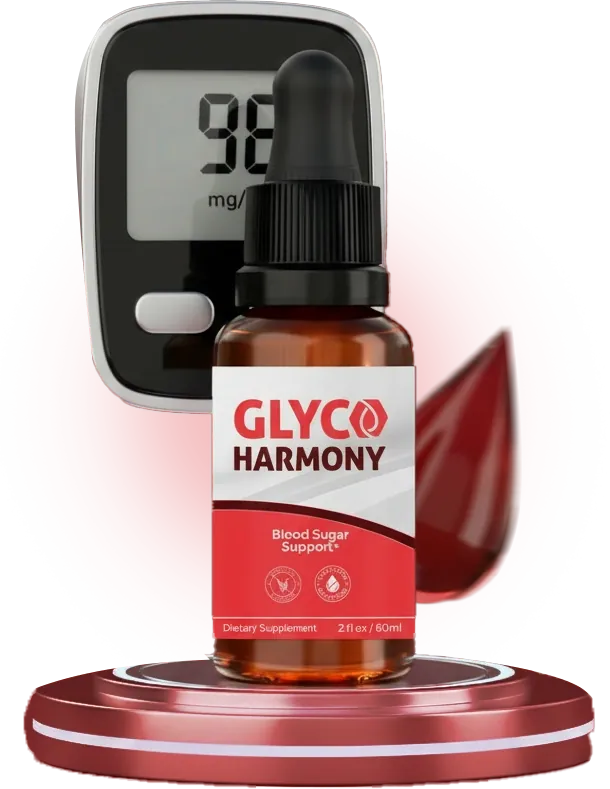 A Glyco Harmony bottle on a red stand in front of a glucose meter reading 98 and a red drop