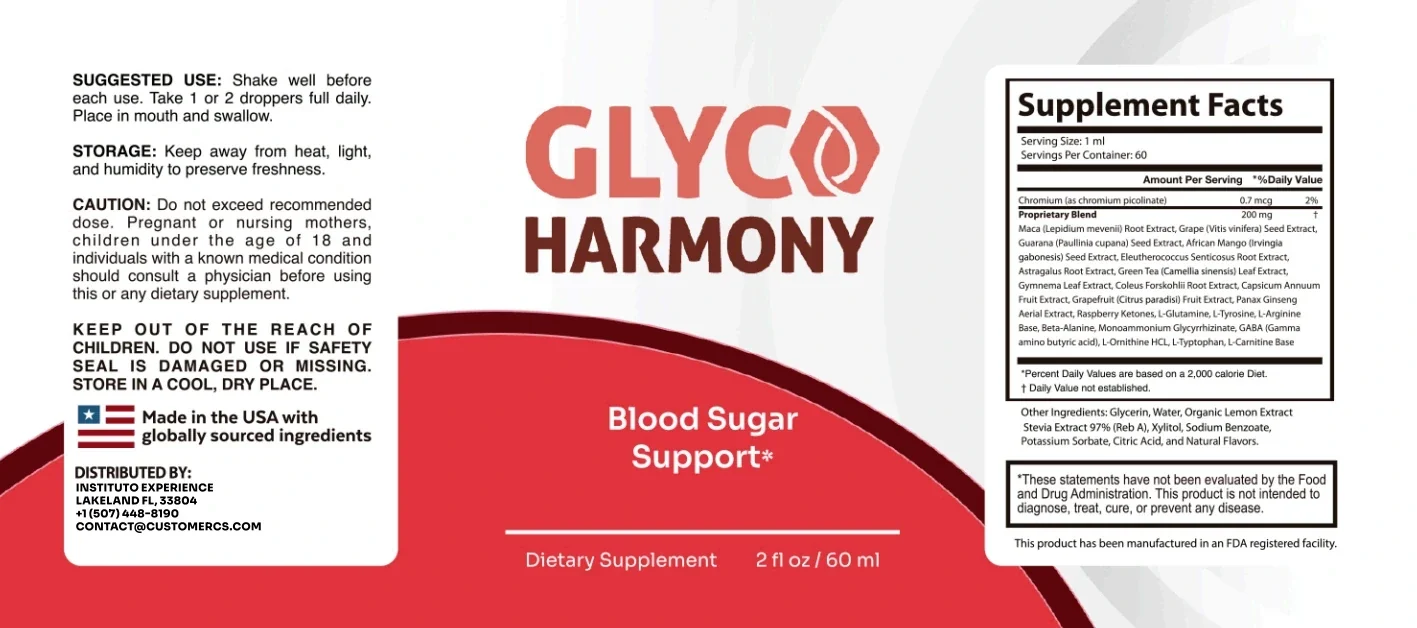 The flat Glyco Harmony label: suggested use, storage, caution and distributor on the left, the coral GLYCO HARMONY front with Blood Sugar Support in the middle, Supplement Facts on the right