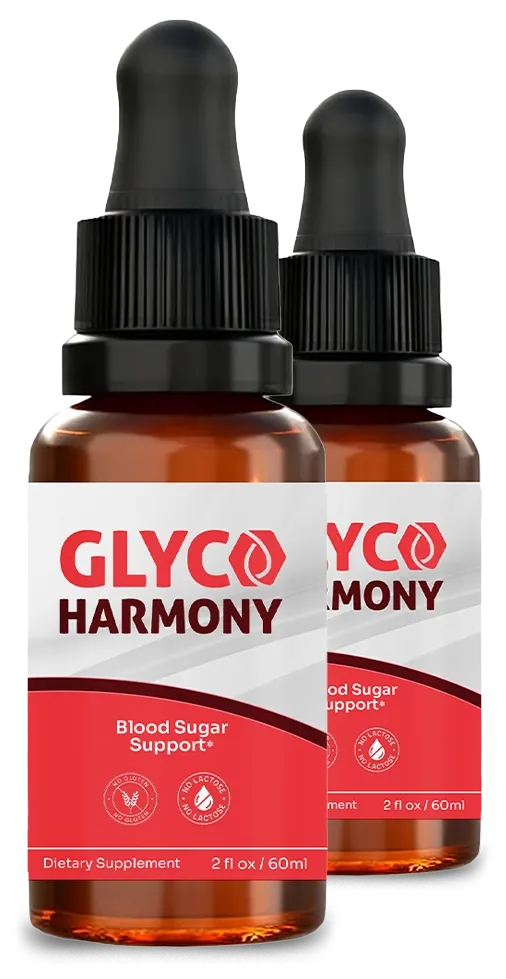 Two amber Glyco Harmony dropper bottles with white and coral-red labels