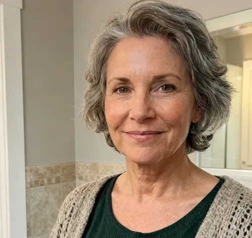 A smiling woman with curly grey hair in a cardigan